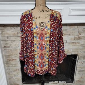 Haute Hippie red yellow floral ruffled boho peasant blouse plus size 1x 2X new!!